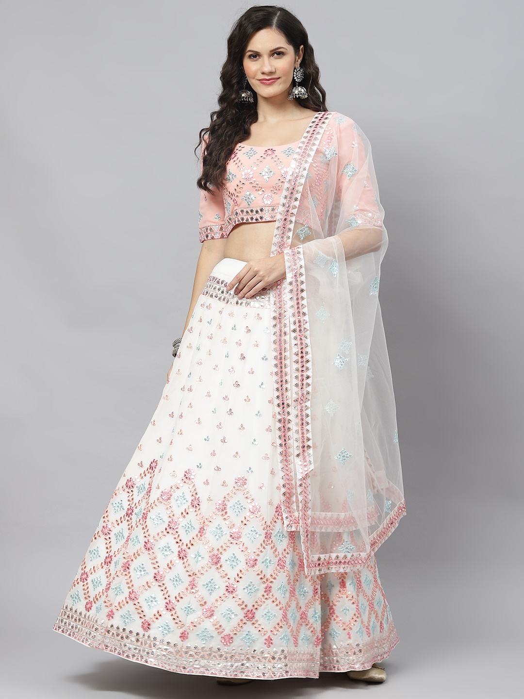 

SHUBHKALA White Semi-Stitched Lehenga & Unstitched Blouse With Dupatta
