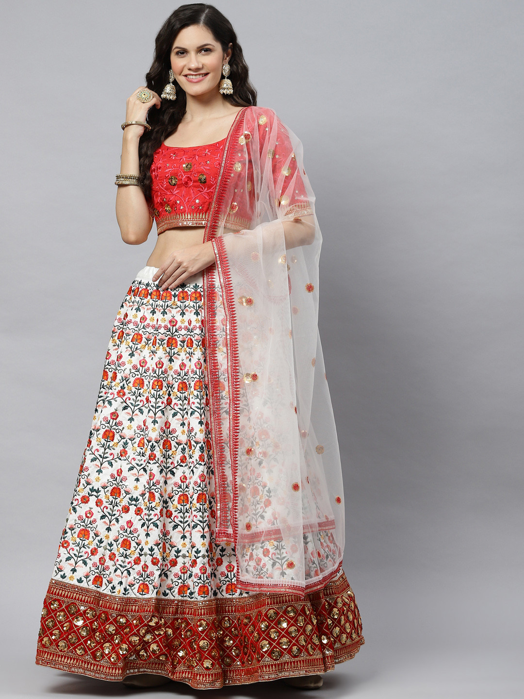 

SHUBHKALA White & Red Embroidered Sequinned Semi-Stitched Lehenga & Unstitched Blouse With Dupatta