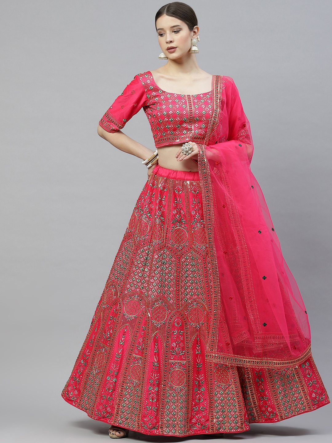 

SHUBHKALA Pink Embroidered Thread Work Semi-Stitched Lehenga & Unstitched Blouse With Dupatta