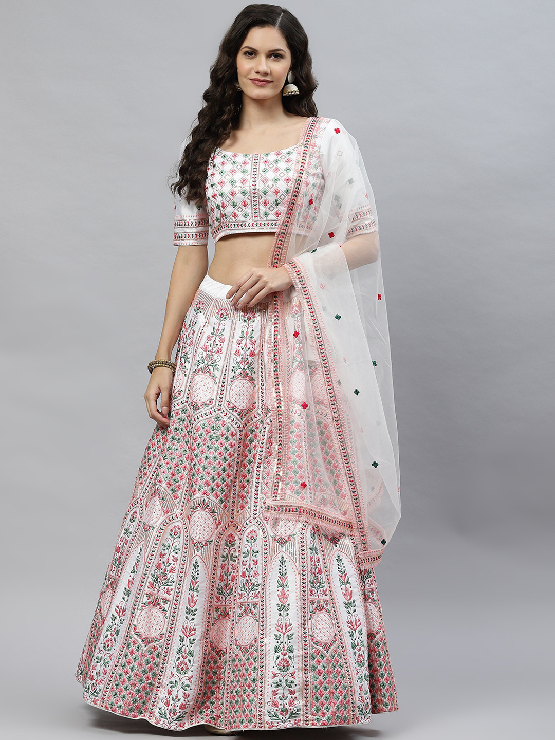 

SHUBHKALA White Embroidered Semi-Stitched Lehenga & Unstitched Blouse With Dupatta