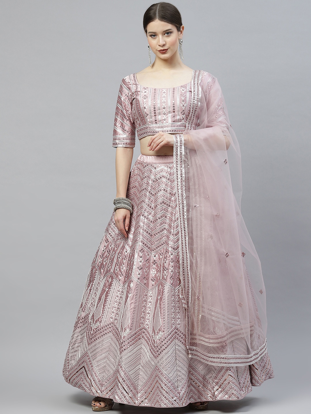 

SHUBHKALA Pink Embellished Mirror Work Semi-Stitched Lehenga & Unstitched Blouse With Dupatta