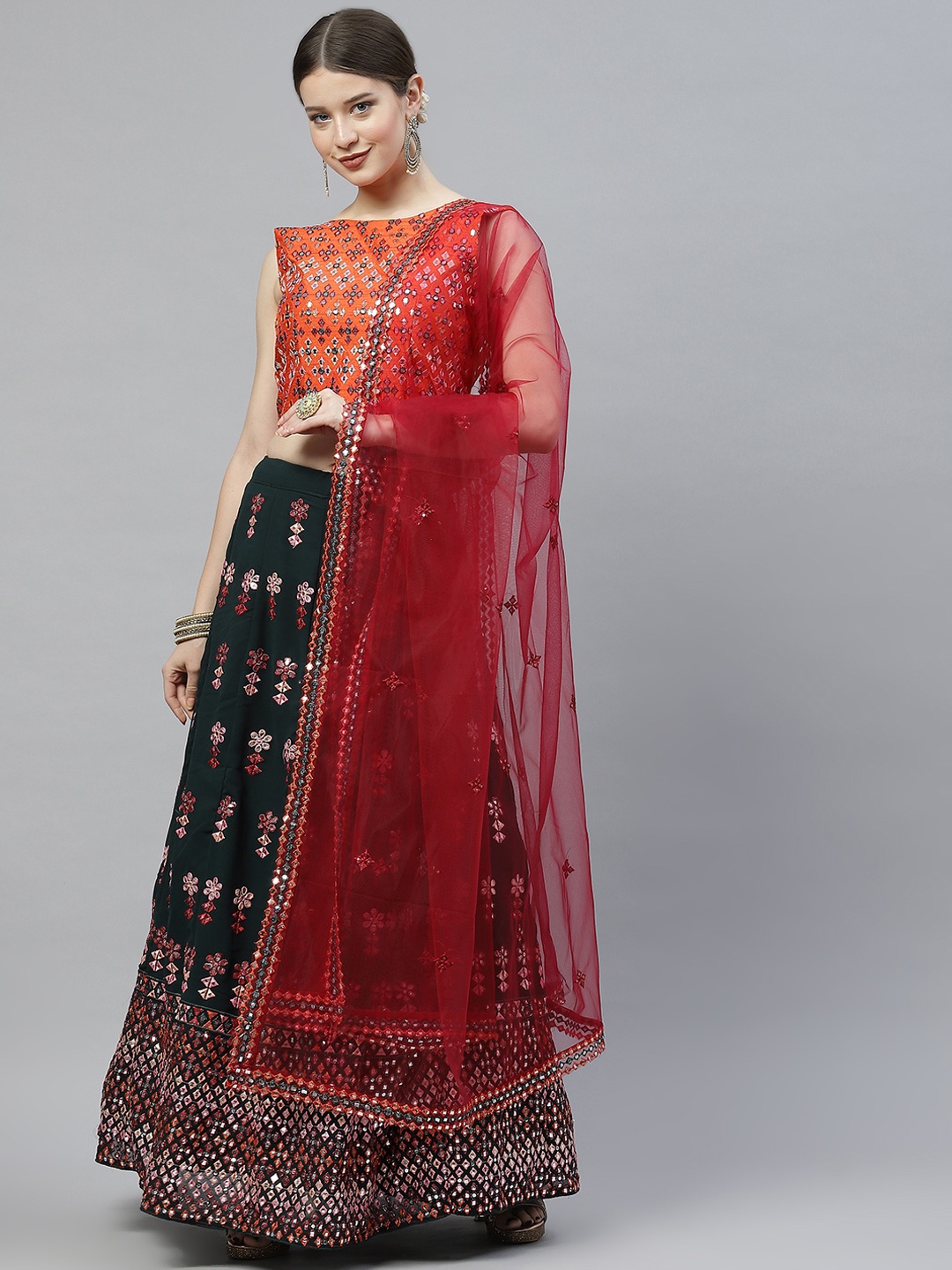 

SHUBHKALA Green & Orange Semi-Stitched Lehenga & Unstitched Blouse With Dupatta