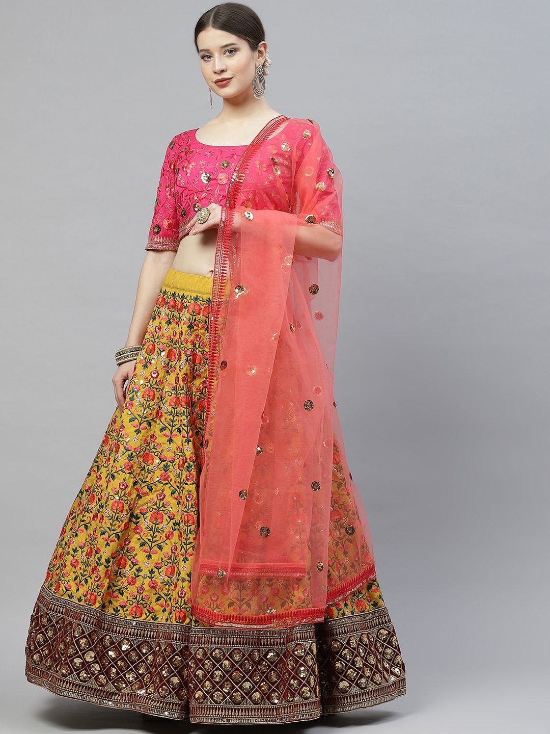 

SHUBHKALA Mustard Yellow & Pink Semi-Stitched Lehenga & Unstitched Blouse With Dupatta