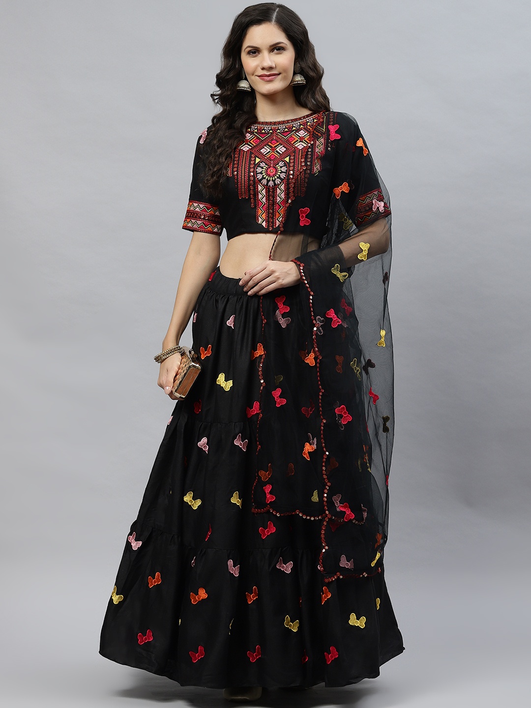 

SHUBHKALA Black Embroidered Sequinned Semi-Stitched Lehenga & Unstitched Blouse With Dupatta