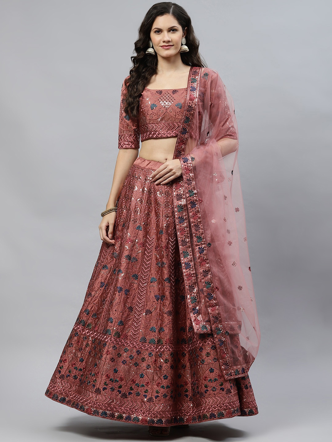 

SHUBHKALA Rust Red Embroidered Semi-Stitched Lehenga & Unstitched Blouse With Dupatta