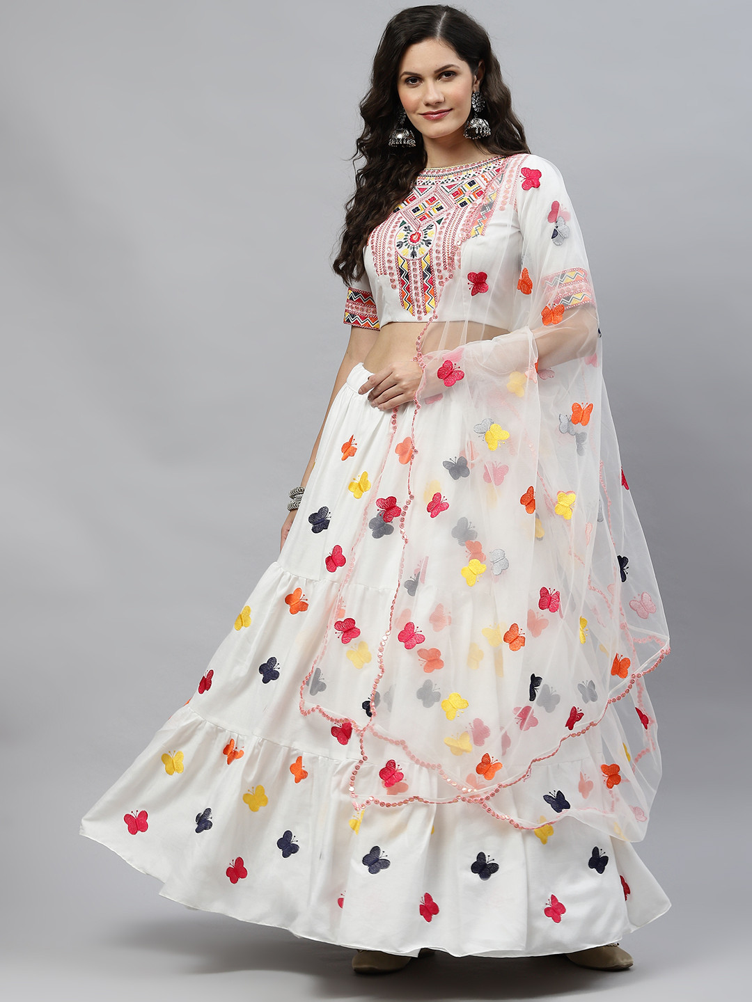 

SHUBHKALA White Embroidered Sequinned Semi-Stitched Lehenga & Unstitched Blouse With Dupatta