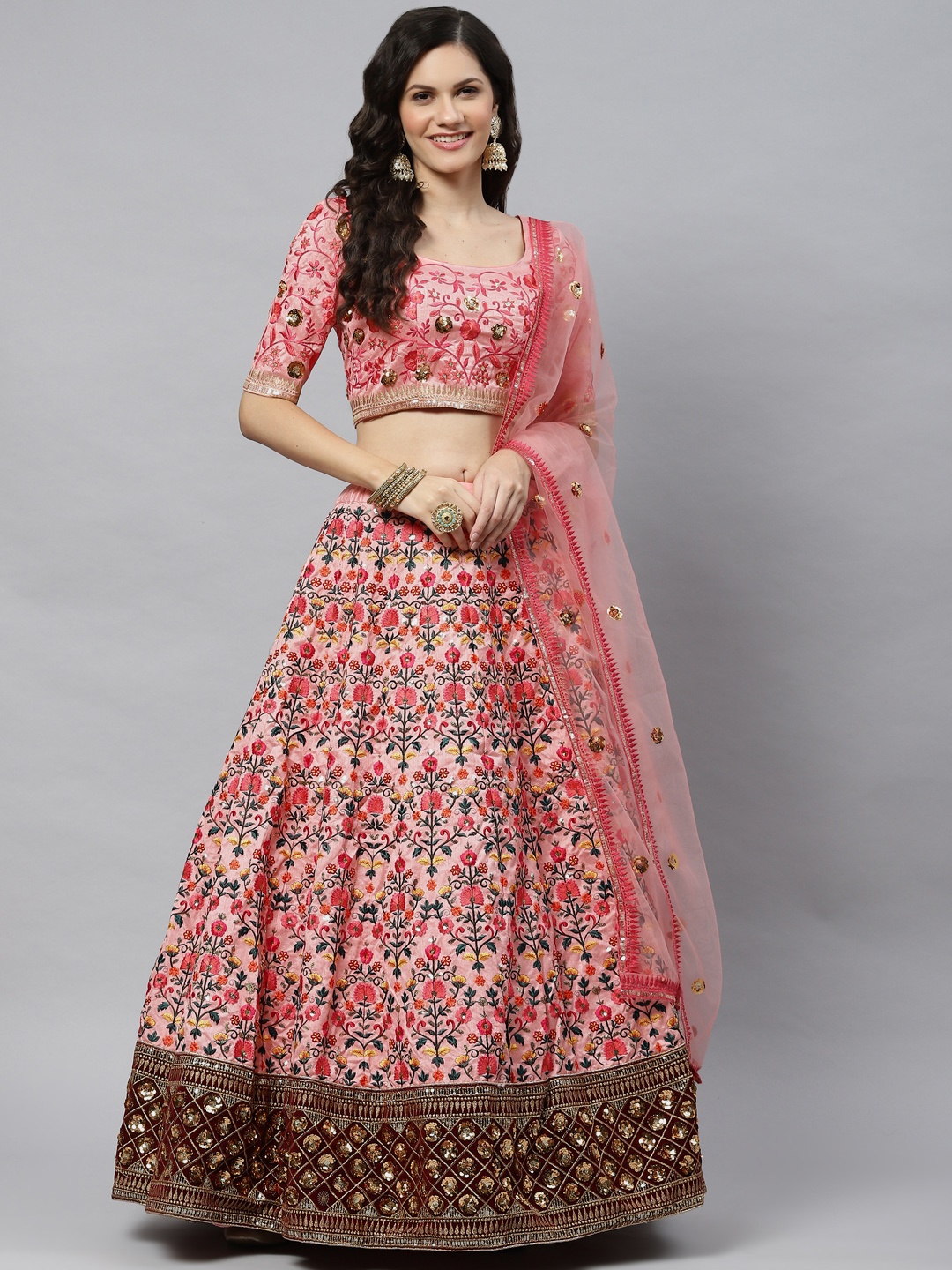 

SHUBHKALA Pink Embroidered Sequinned Semi-Stitched Lehenga & Unstitched Blouse With Dupatta