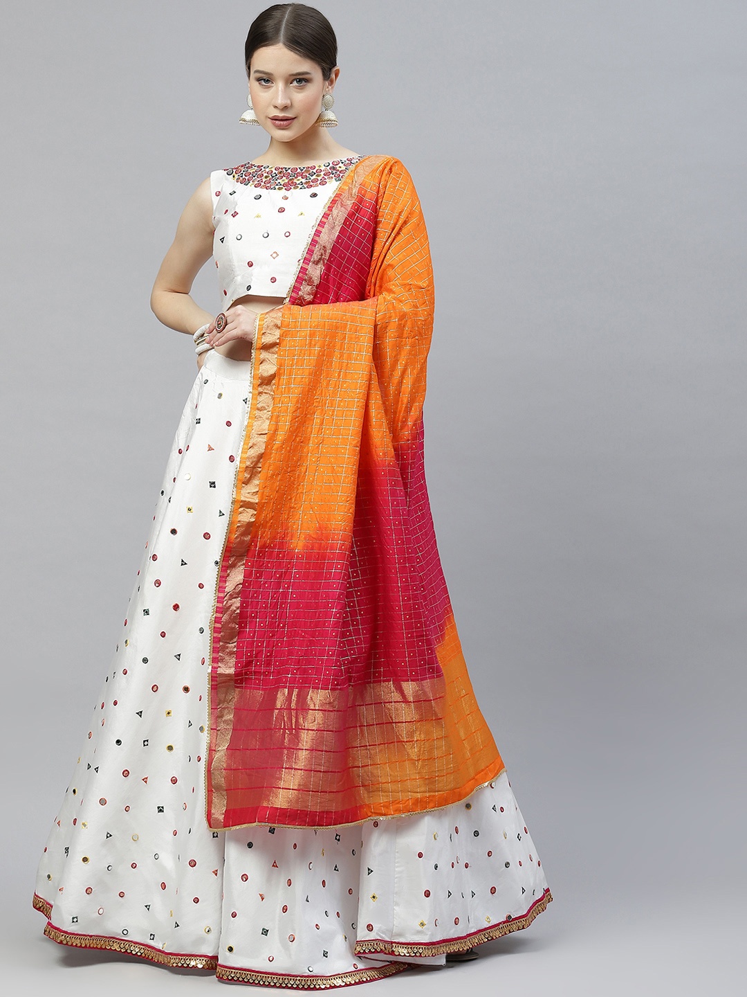 

SHUBHKALA White & Orange Semi-Stitched Lehenga & Unstitched Blouse With Dupatta
