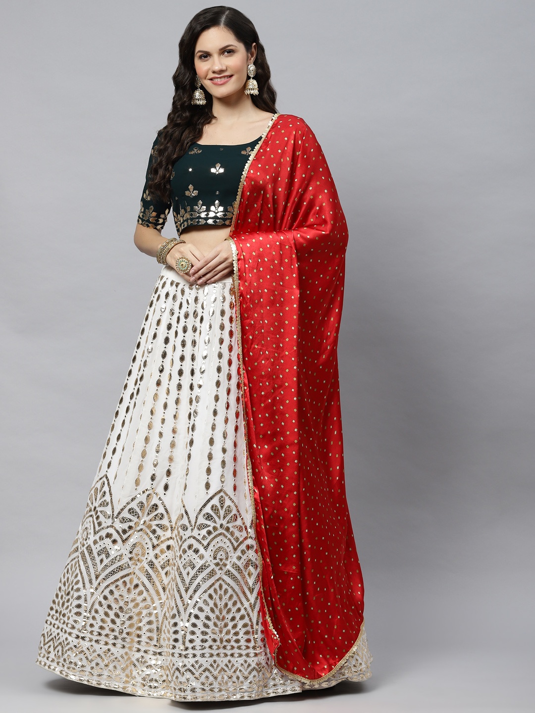 

SHUBHKALA White & Black Embellished Mirror Work Semi-Stitched Lehenga & Unstitched Blouse With Dupatta