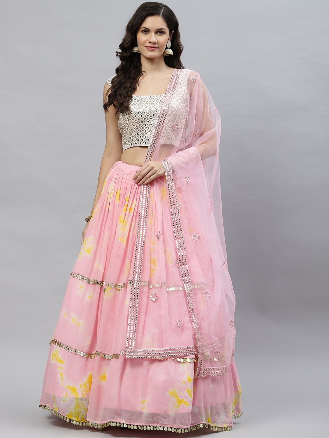 

SHUBHKALA Pink Embellished Mirror Work Semi-Stitched Lehenga & Unstitched Blouse With Dupatta