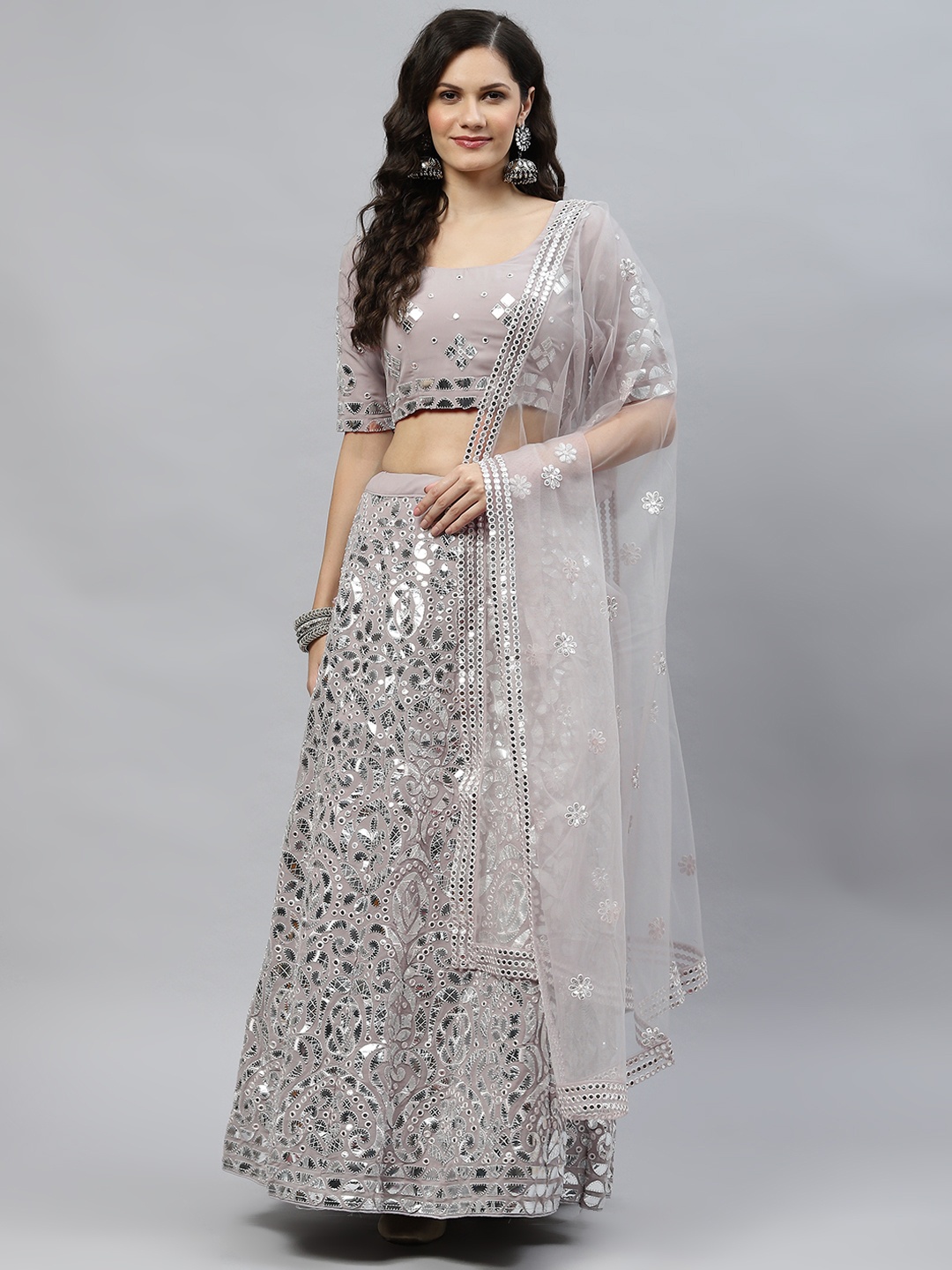 

SHUBHKALA Grey Embellished Mirror Work Semi-Stitched Lehenga & Unstitched Blouse With Dupatta