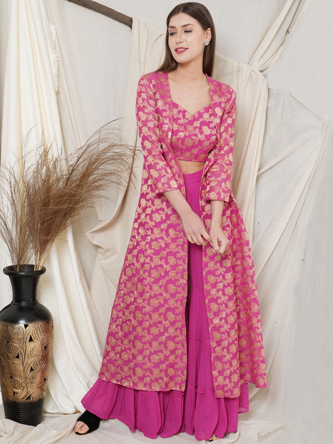 

WESTCLO Women Pink Ethnic Motifs Printed Crop Top & Sharara With Printed Shrug