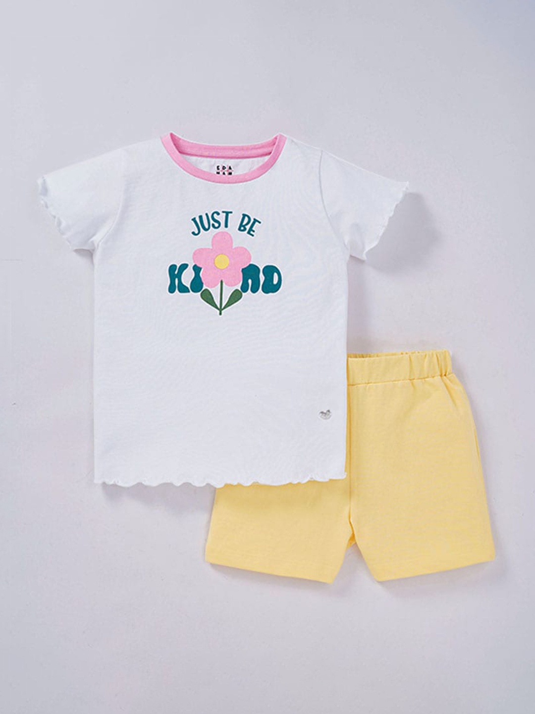

Ed-a-Mamma Girls White & Yellow Printed Pure Cotton Nightsuit