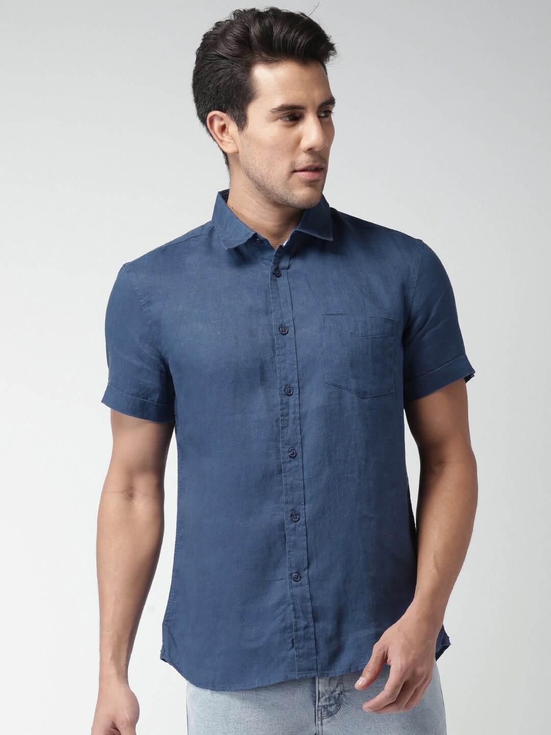 

Celio Men Navy Blue Solid Pure Linen Casual Sustainable Shirt