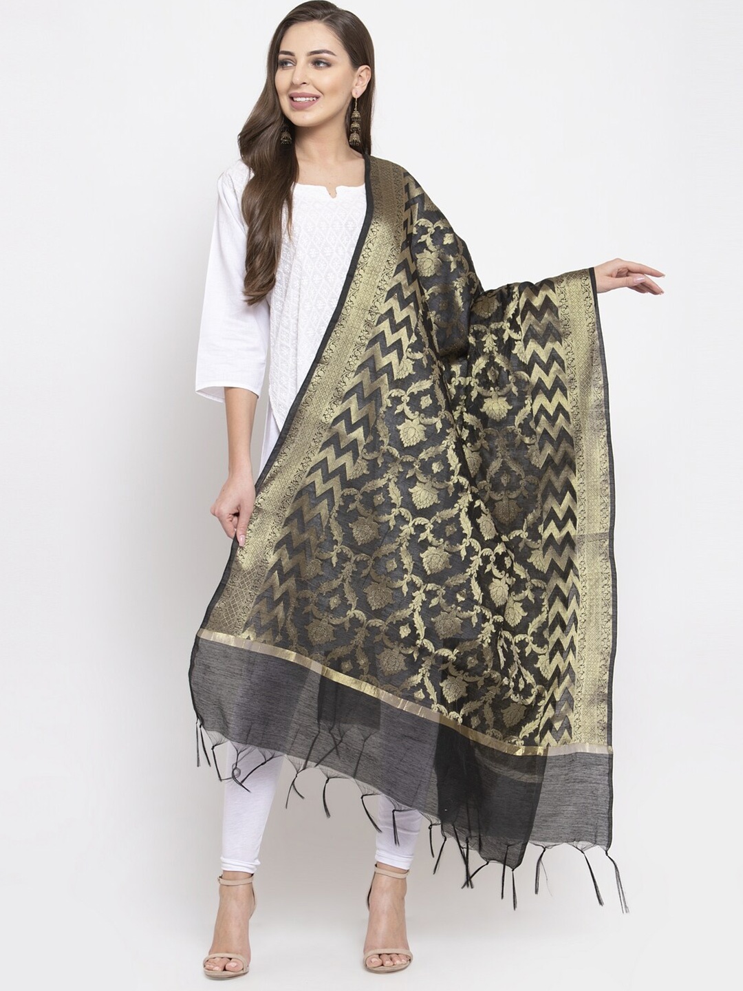 

Aujjessa Black & Gold-Toned Ethnic Motifs Woven Design Dupatta