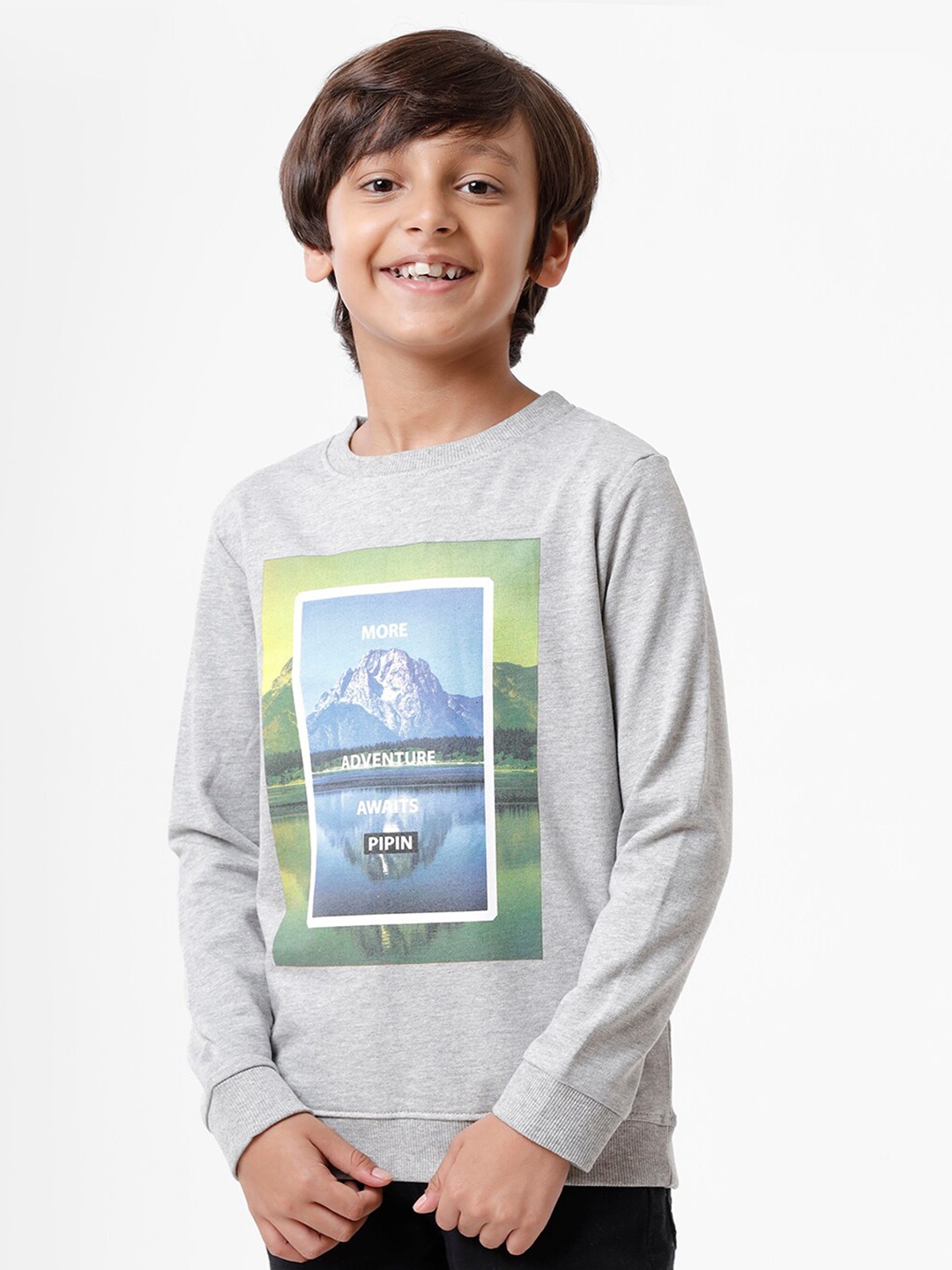 

PIPIN Boys Grey Melange Printed Sweatshirt