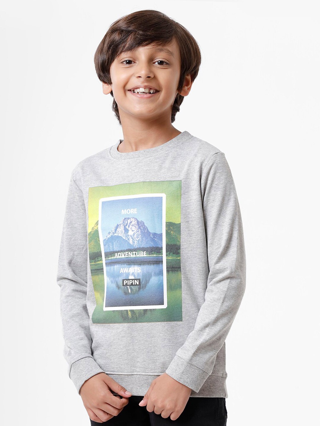 

PIPIN Boys Grey Melange Printed Cotton Sweatshirt