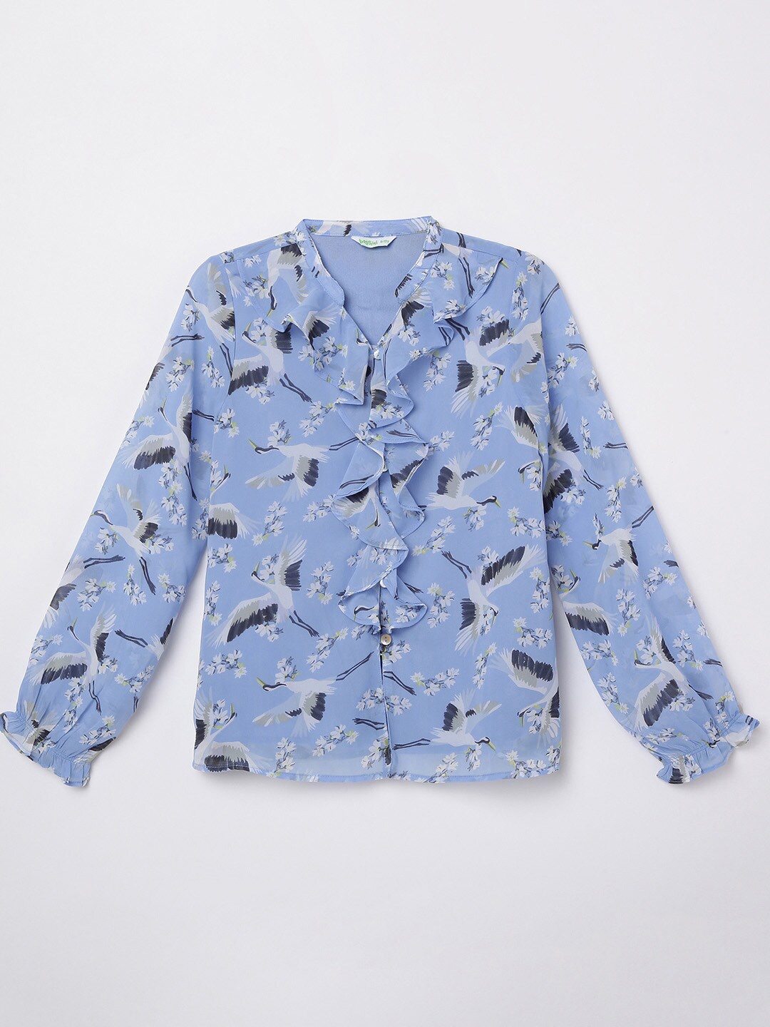 

Bossini Girls Blue Floral Printed Mandarin Collar Ruffles Shirt Style Top