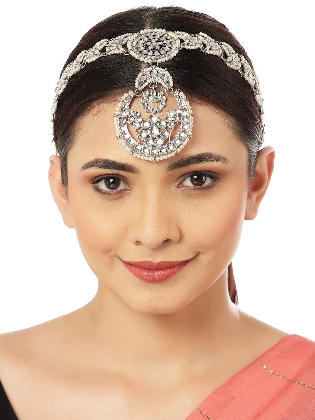 

KARATCART Oxidised Silver-Plated White Kundan-Studded Sheeshphool