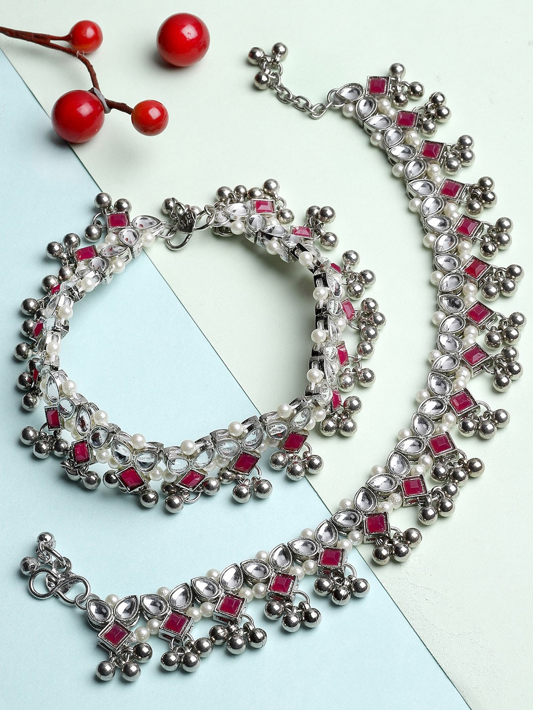 

KARATCART Set Of 2 Oxidised Silver-Plated White Kundan-Studded Anklets