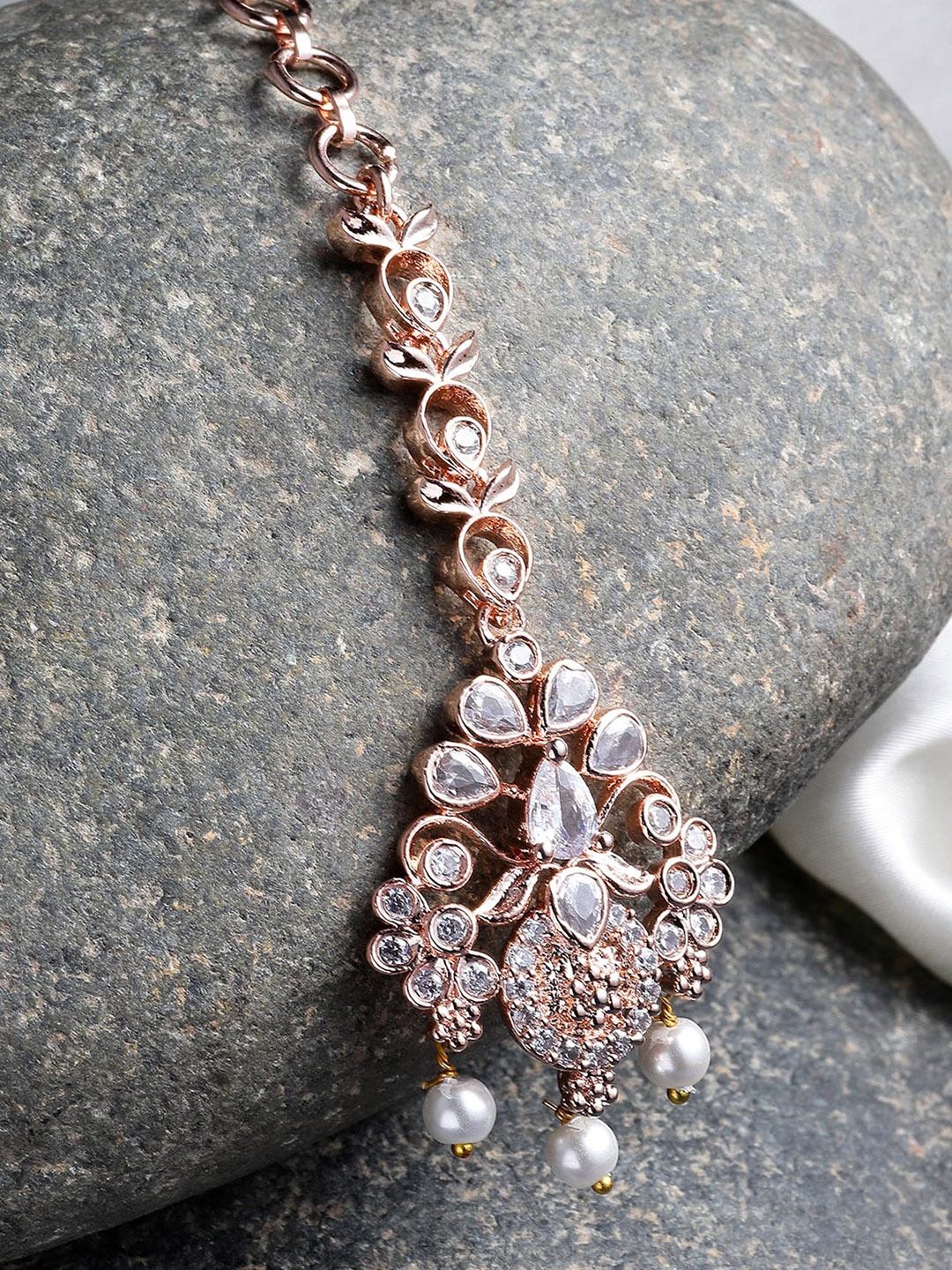 

KARATCART Rose Gold-Plated White AD Stone Studded Maangtikka