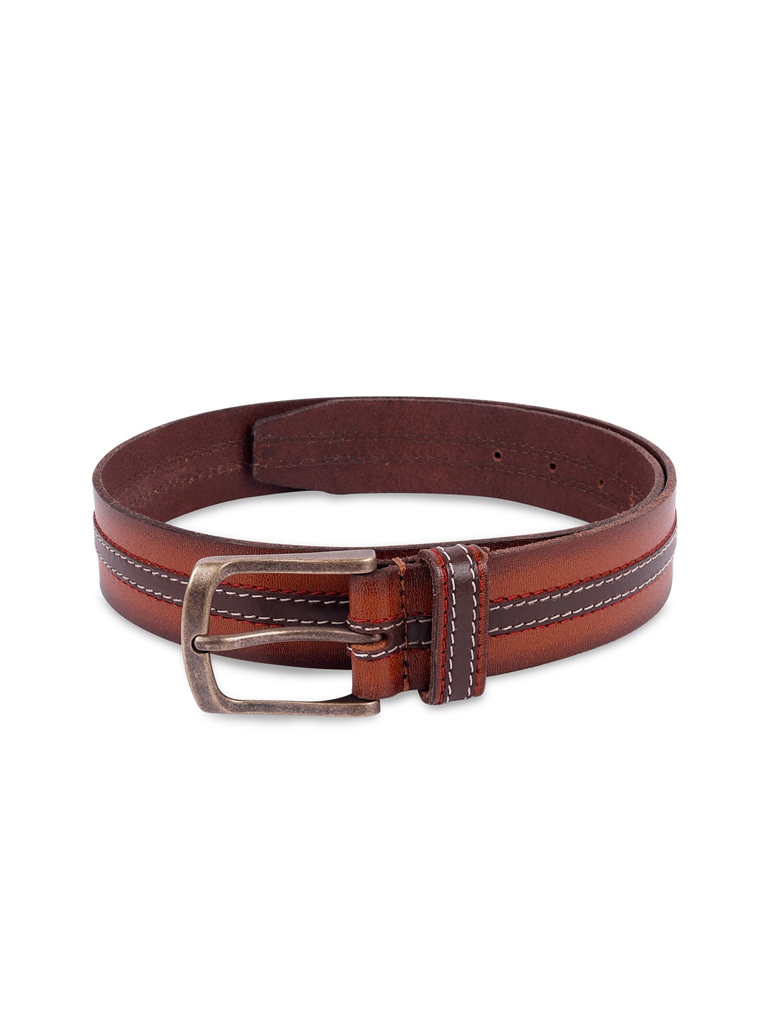 

Belwaba Men Tan Striped Leather Formal Belt