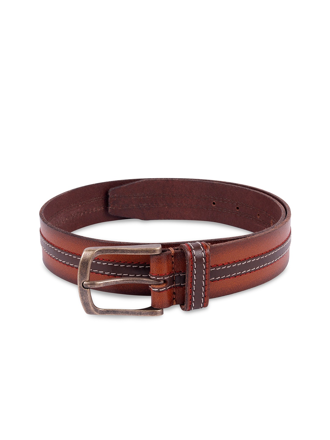 

Belwaba Men Tan Striped Leather Formal Belt