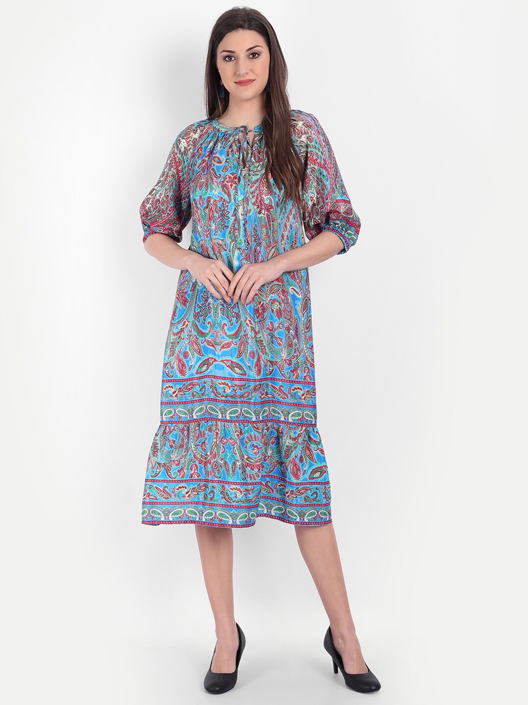 

MINGLAY Blue Ethnic Motifs A-Line Midi Dress