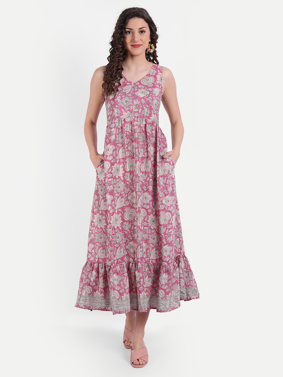 

MINGLAY Pink & Beige Floral Midi Dress