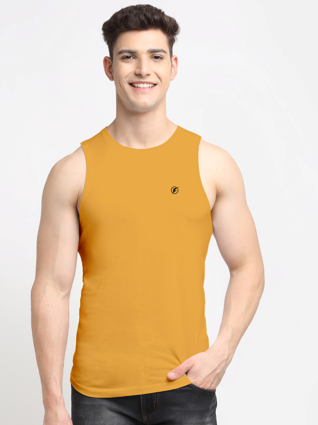 

Friskers Men Gold Colored Solid Cotton Gym Vest