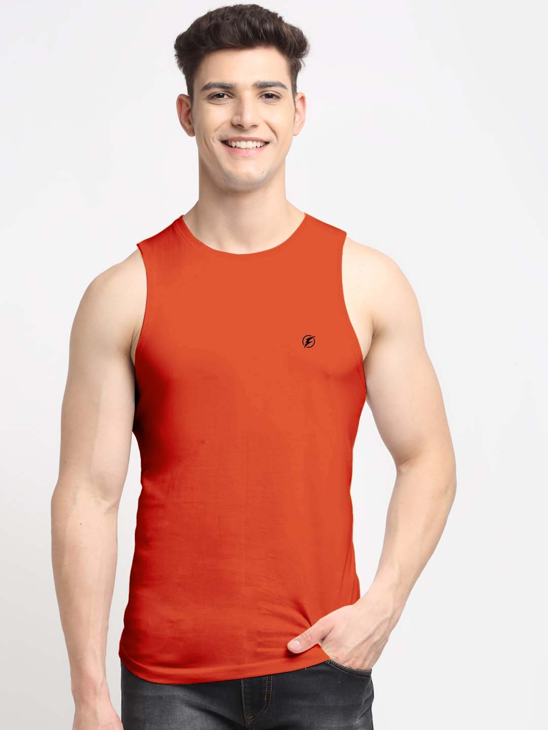 

Friskers Men Orange Solid Cotton Gym Vest