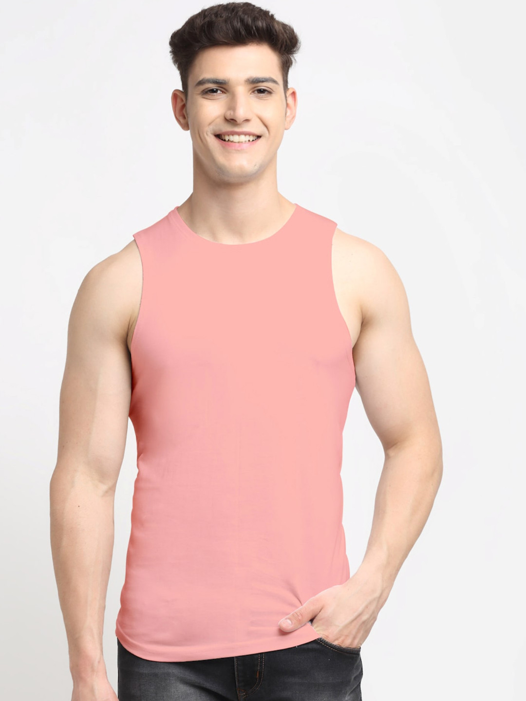 

Friskers Men Coral Pink Solid Cotton Gym Vest
