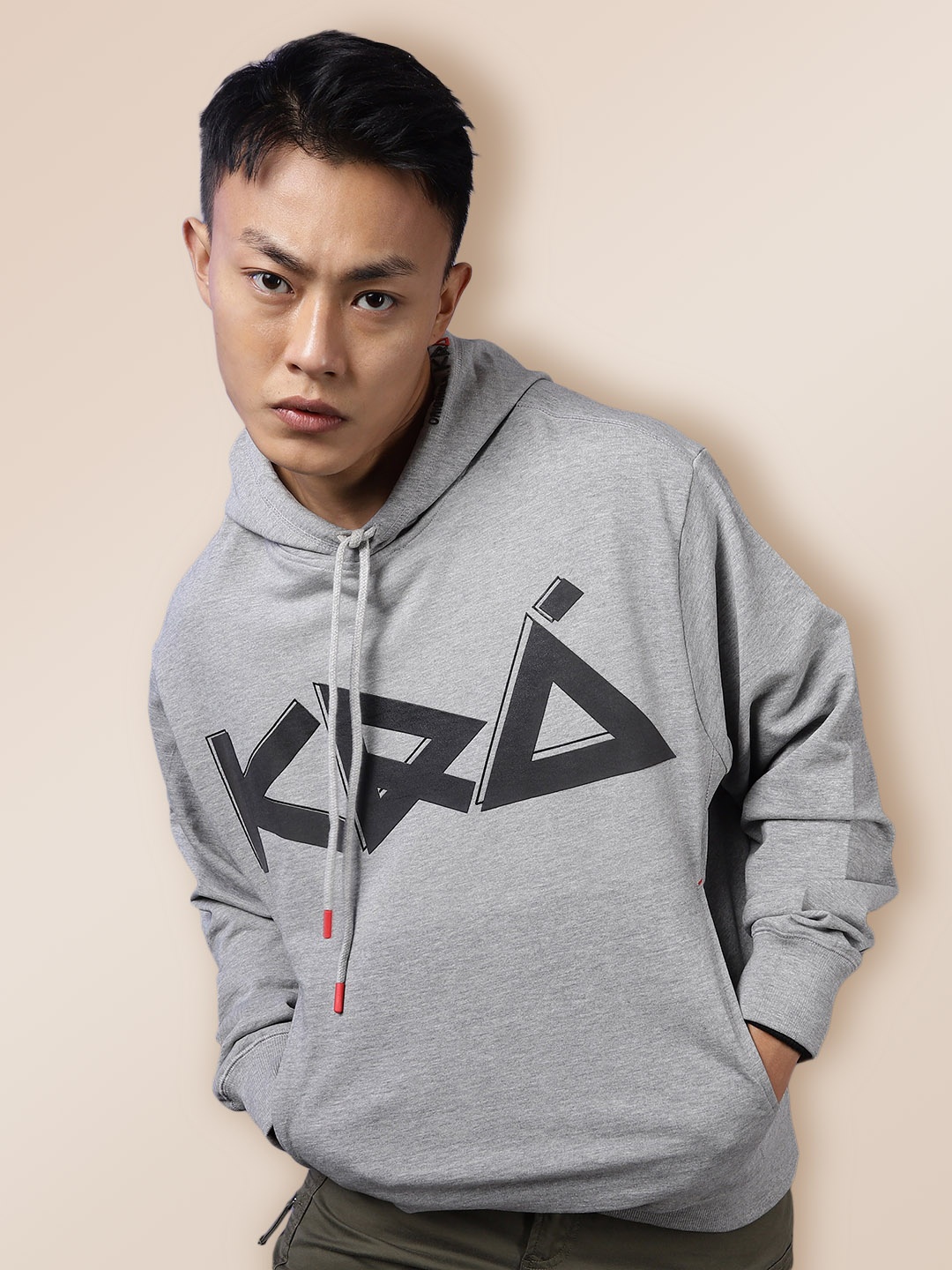 

KRA Men Grey Melange & Black Printed Hooded Cotton Sweatshirt