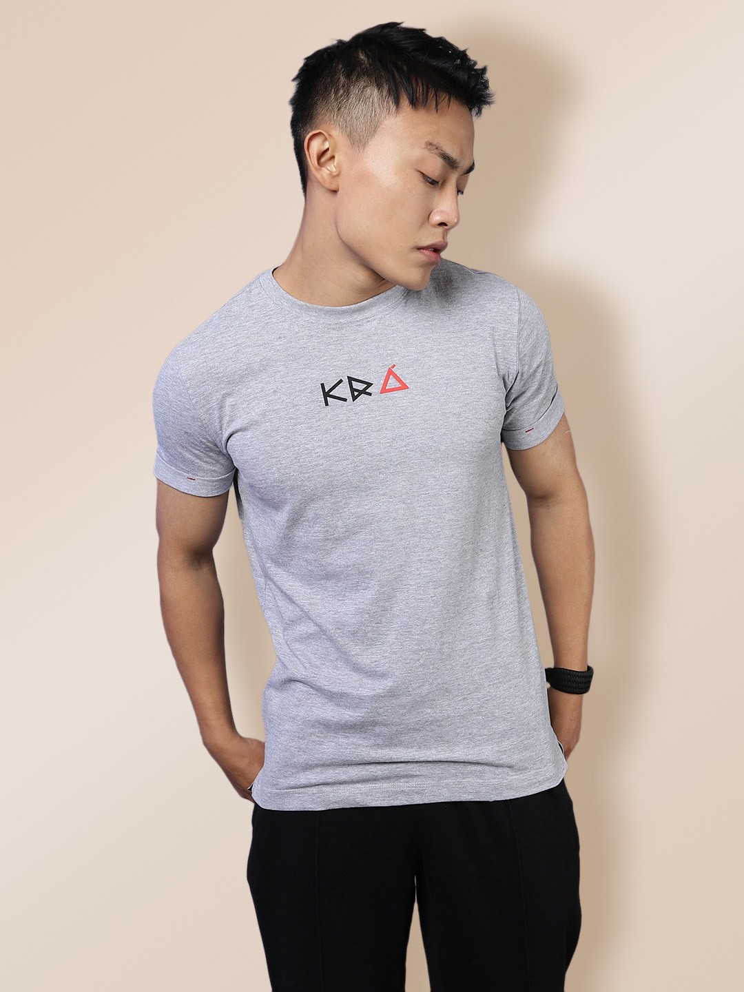 

KRA Men Grey Brand Logo Printed Slim Fit Cotton T-shirt