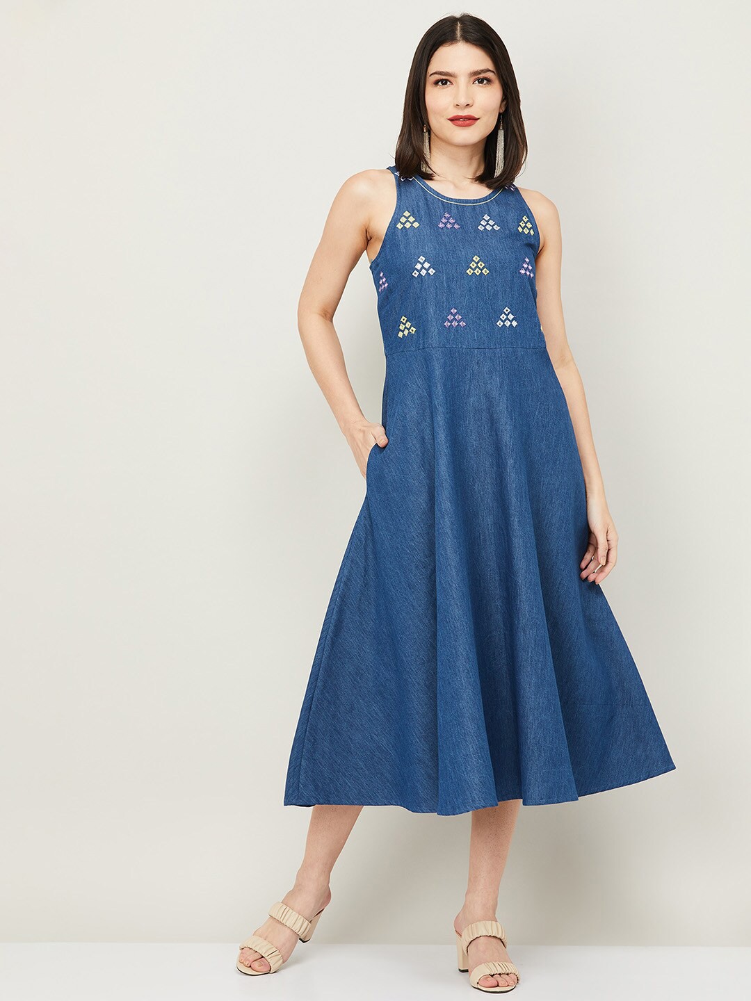 

Colour Me by Melange Blue & Yellow Embroidered Cotton Midi Dress