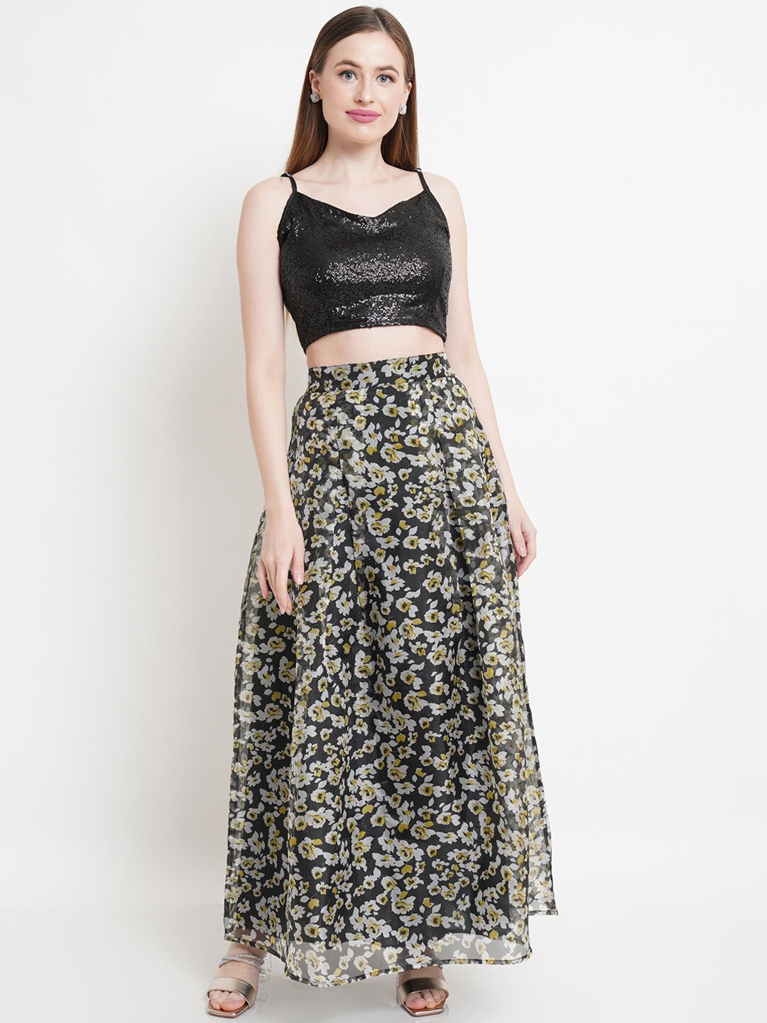 

Women Black Sequinned Crop Top With Floral Printed Skirt