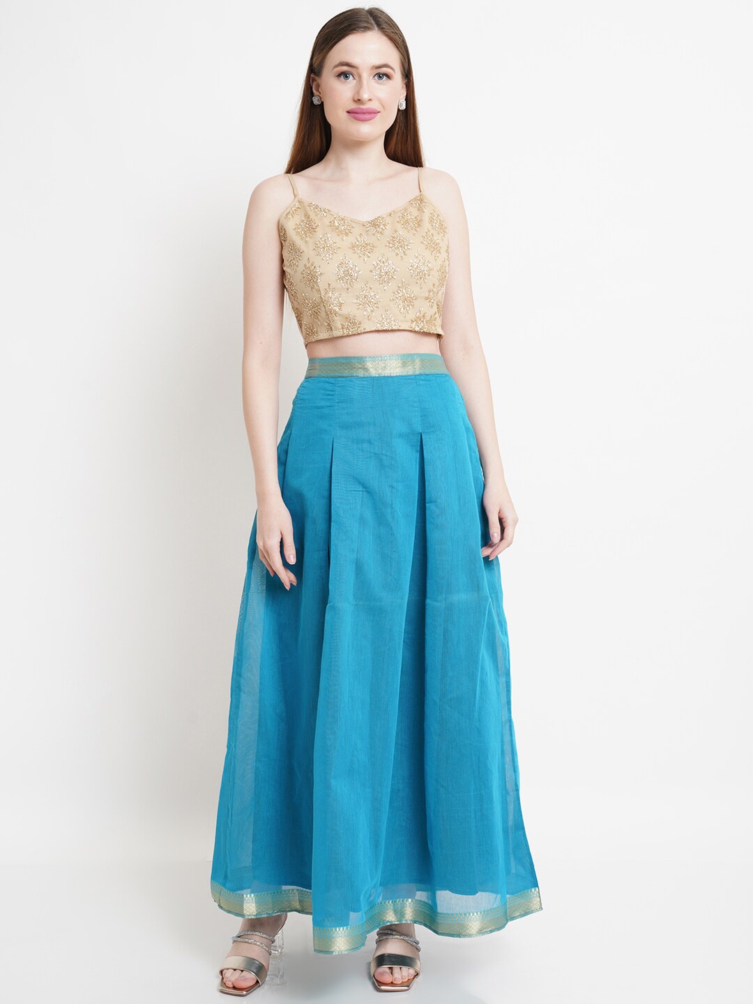 

WESTCLO Women Gold Embellished Sequinned Crop Top With Blue Skirt