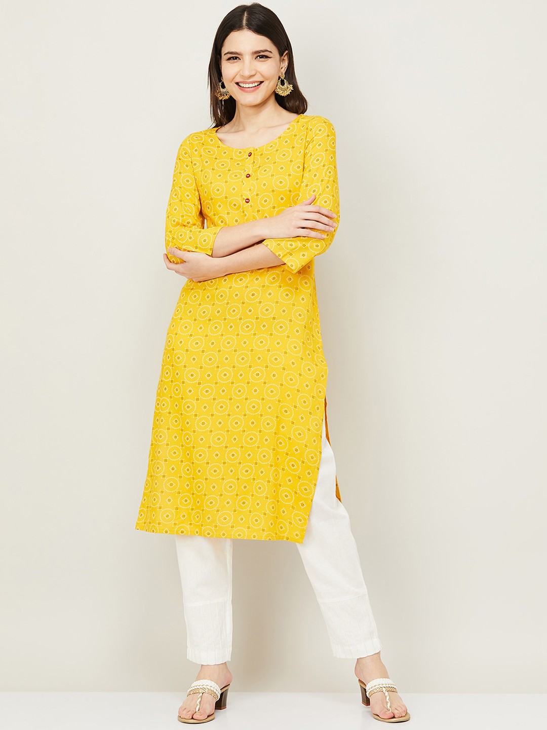 

Melange by Lifestyle Women Mustard Yellow & White Bandhani Printed Straight Kurta