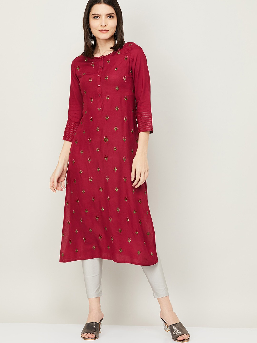 

Melange by Lifestyle Women Pink Floral Thread Work Kurta