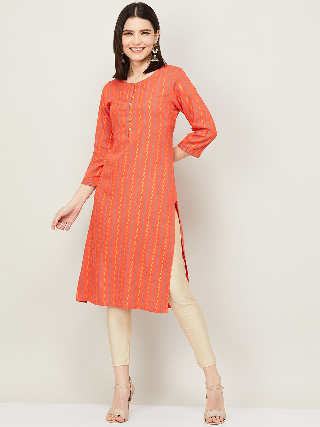 

Melange by Lifestyle Women Orange & Yellow Striped Kurta