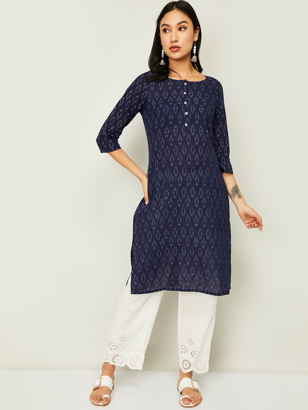 

Melange by Lifestyle Women Navy Blue Geometric Printed Cotton Kurta