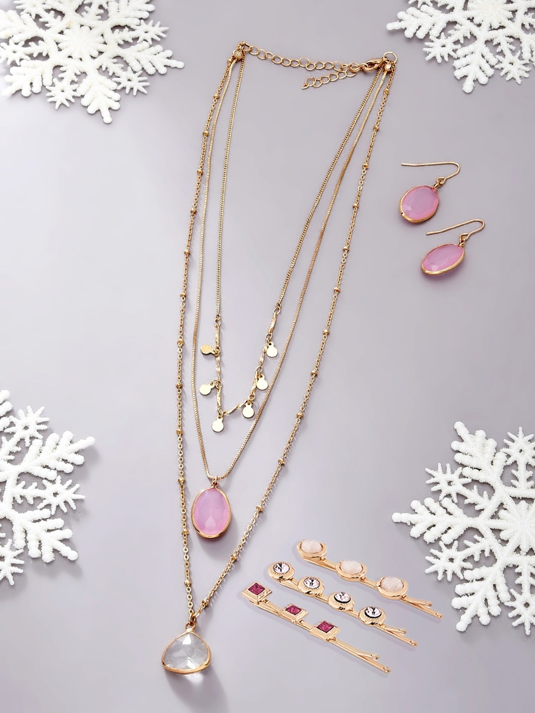 

AMI Pink & Gold-Toned Gold-Plated Layered Necklace Earring & Set of 3 Hair Pins