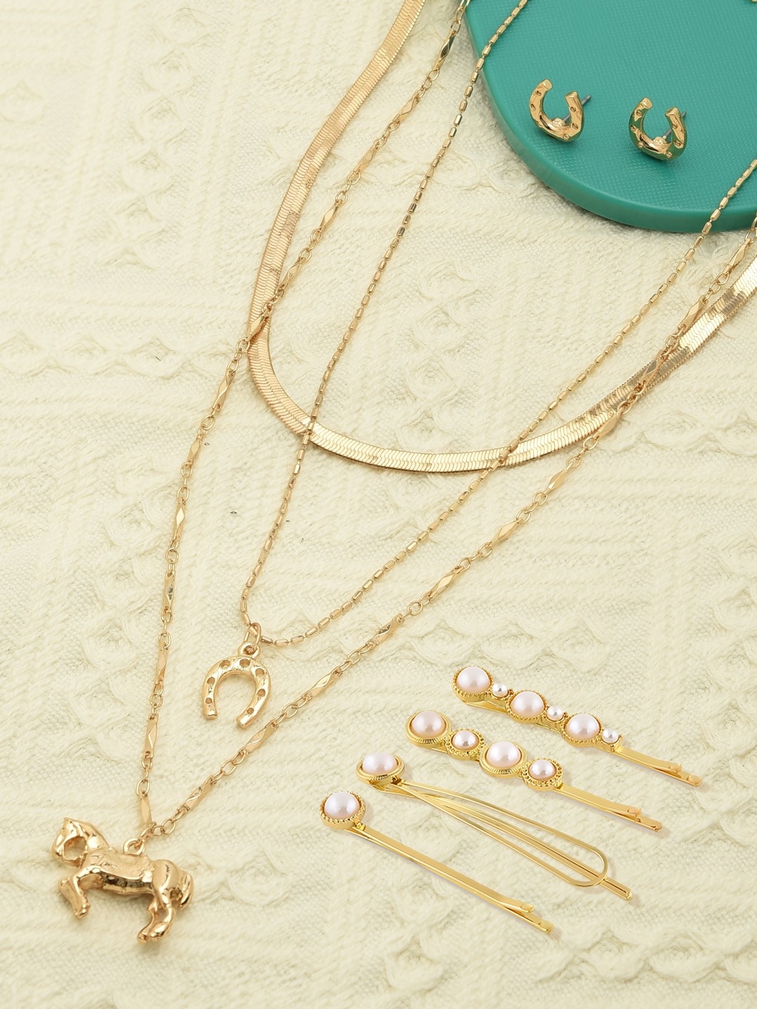 

AMI Set Of 6 Gold-Toned & White Gold-Plated Necklace Earrings with Haipins
