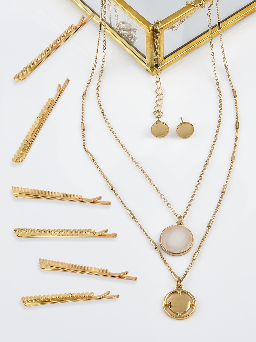 

AMI Gold-Toned Gold-Plated Layered Chain Earring & Set of 6 Hair Pins
