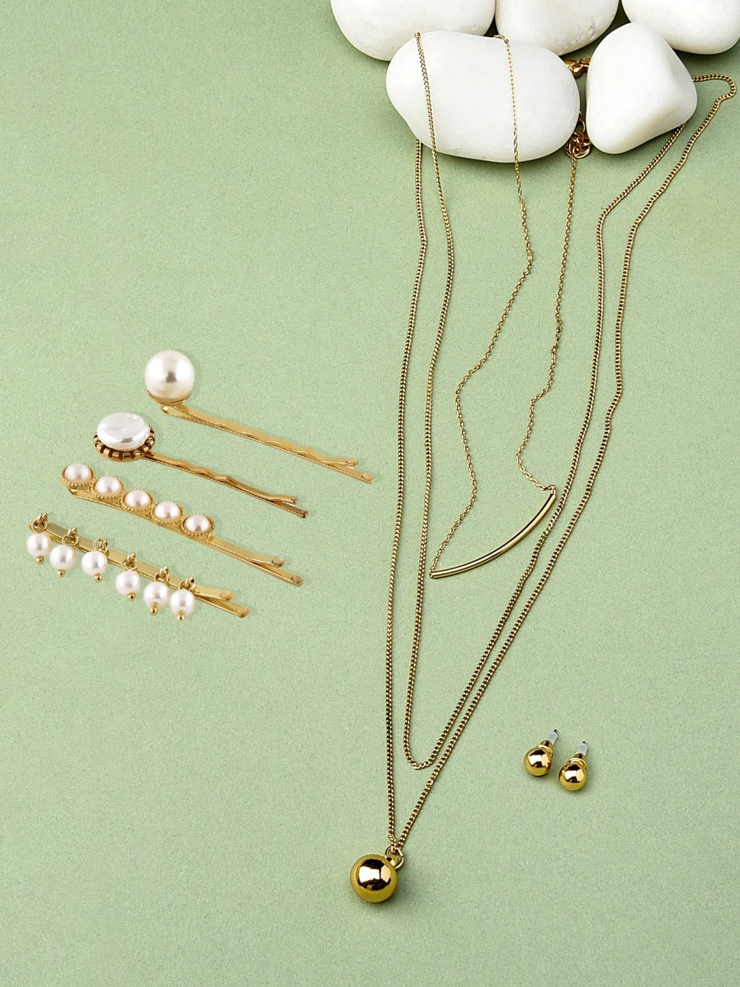 

AMI Gold-Plated Contemporary Layered Jewellery Set & Set of 4 Bobby Pins