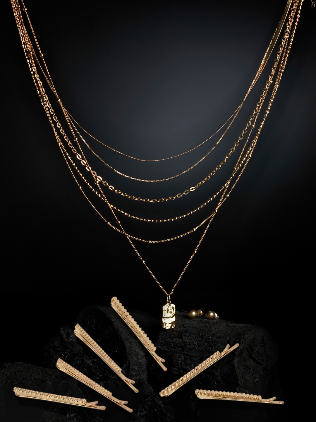 

AMI Women Gold-Plated Layered Chain Set with Set of 6 Hair Pins