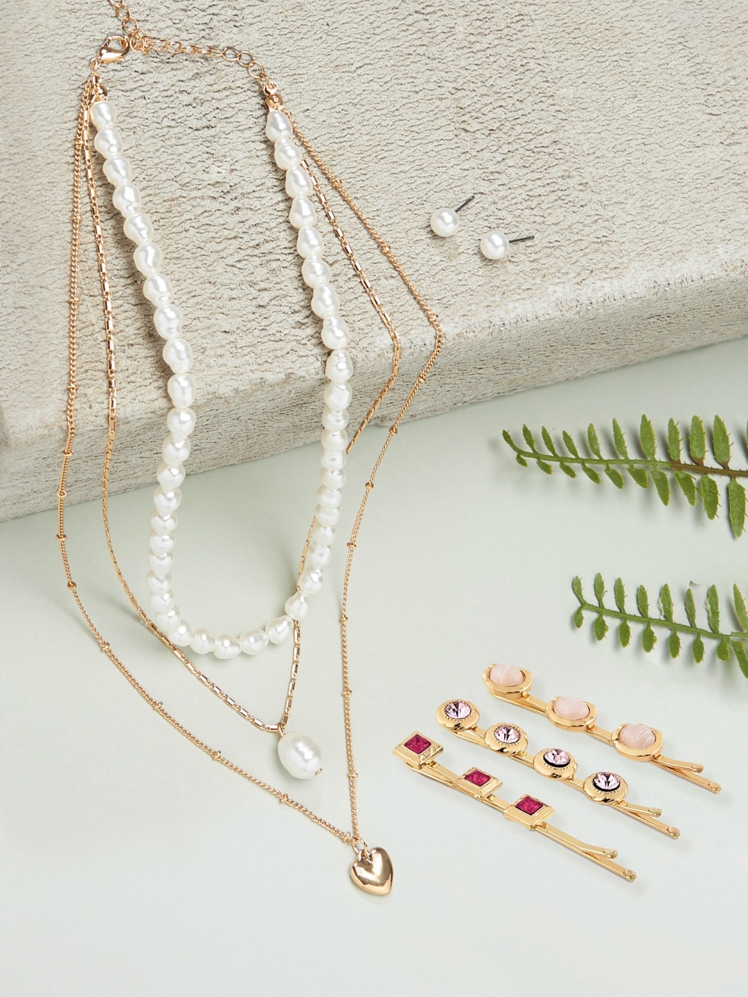 

Ami Gold-Toned & Plated Beaded Layered Necklace With Earrings & Hair Pins