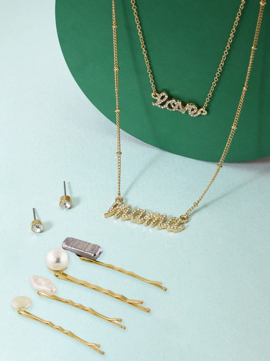 

Ami Gold-Toned & Plated Beaded Layered Necklace With Earrings & Hair Pins