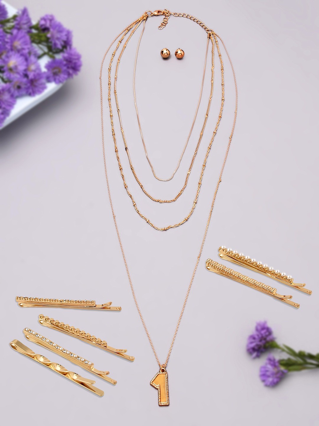 

AMI Gold-Plated Layered Jewellery Set with Hairpins