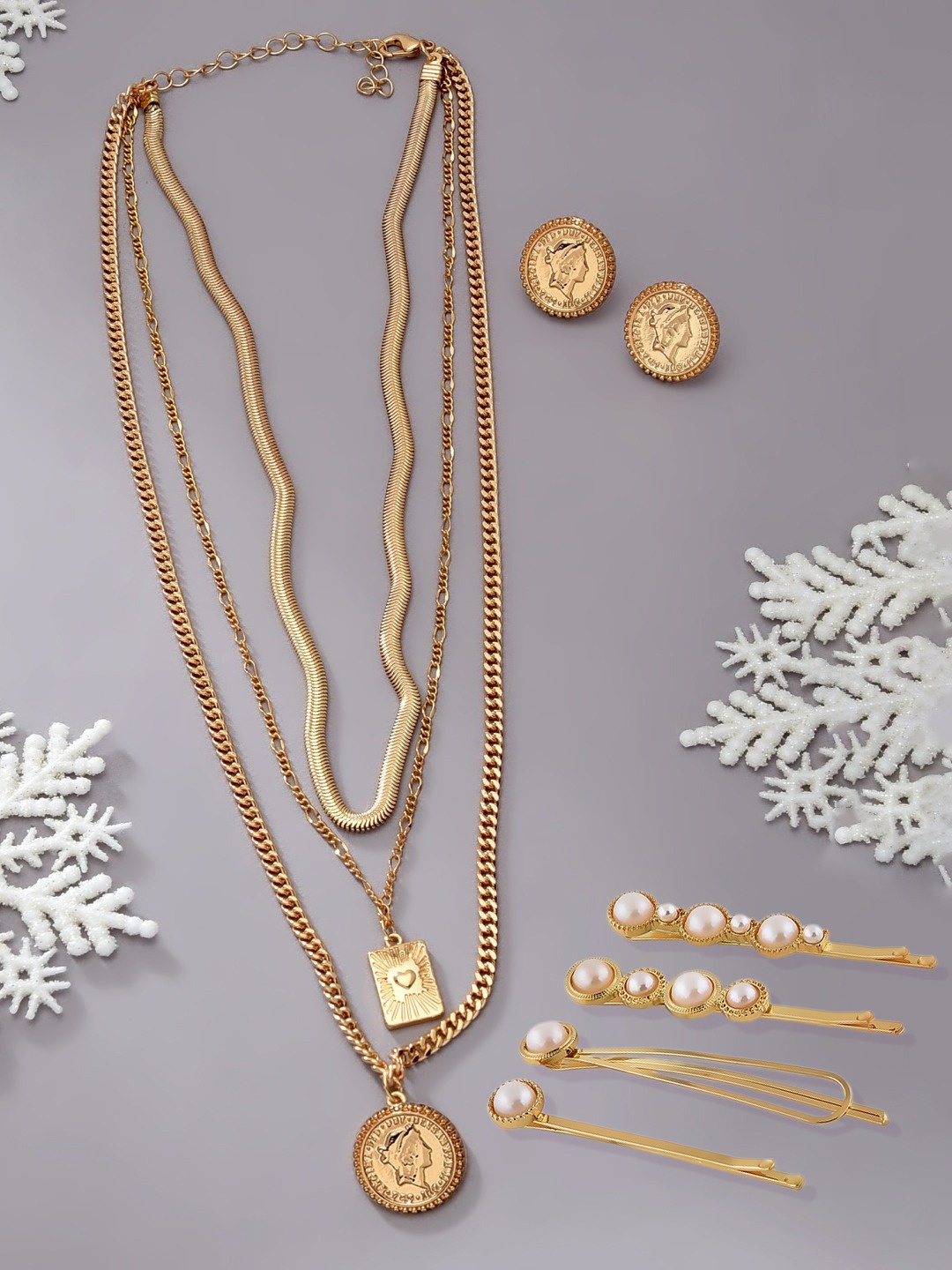 

AMI Women Gold-Plated Layered Chain Set with Set of 4 Hairpins